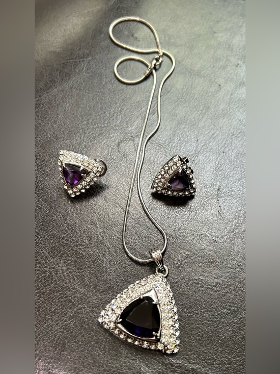 Unbranded Jewelry - Silver-Tone Purple Triangle Pendant Necklace and Earring Set